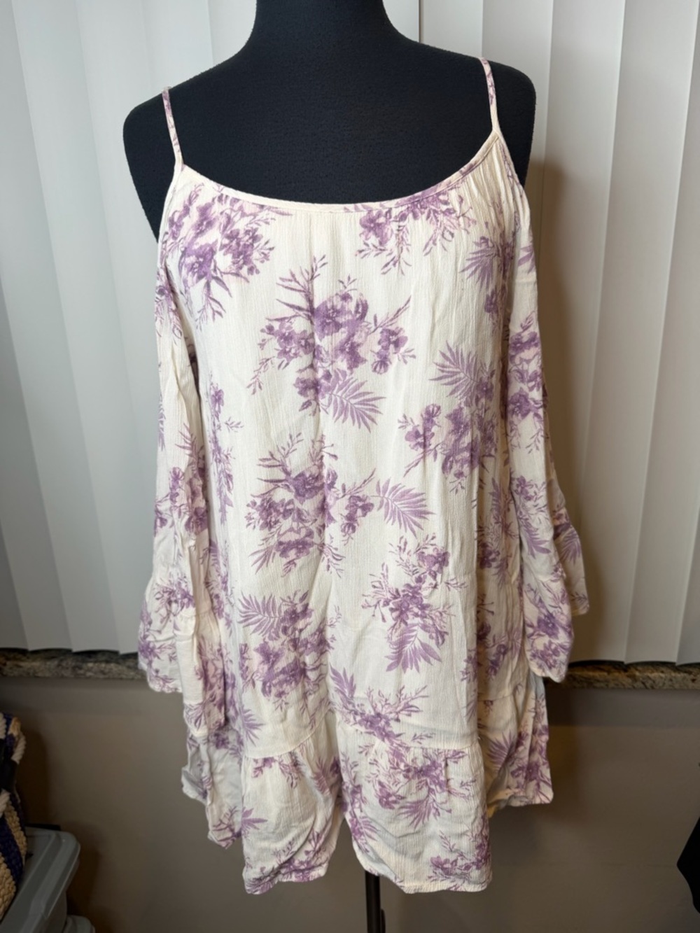 Altar'd State Purple and Cream Floral Cold Shoulder Bell Sleeve Dress SZ Medium